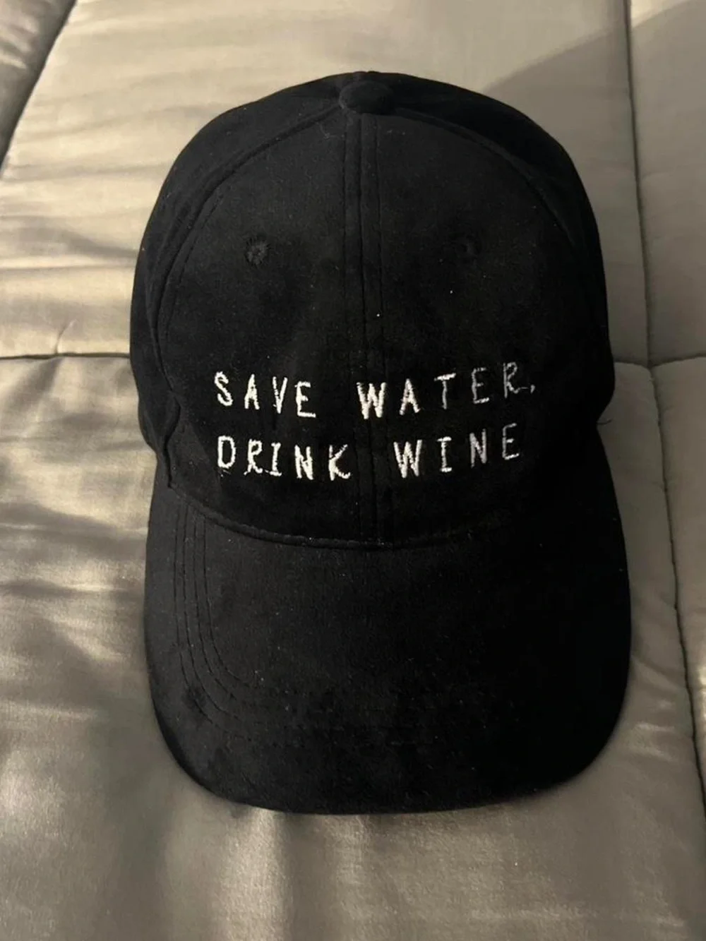 Black Baseball Cap with 'Save Water, Drink Wine' Embroidery